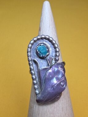 Vintage Navajo Silver (Unmarked) & Turquoise Squash Blossom Ring ▪︎ Unique!